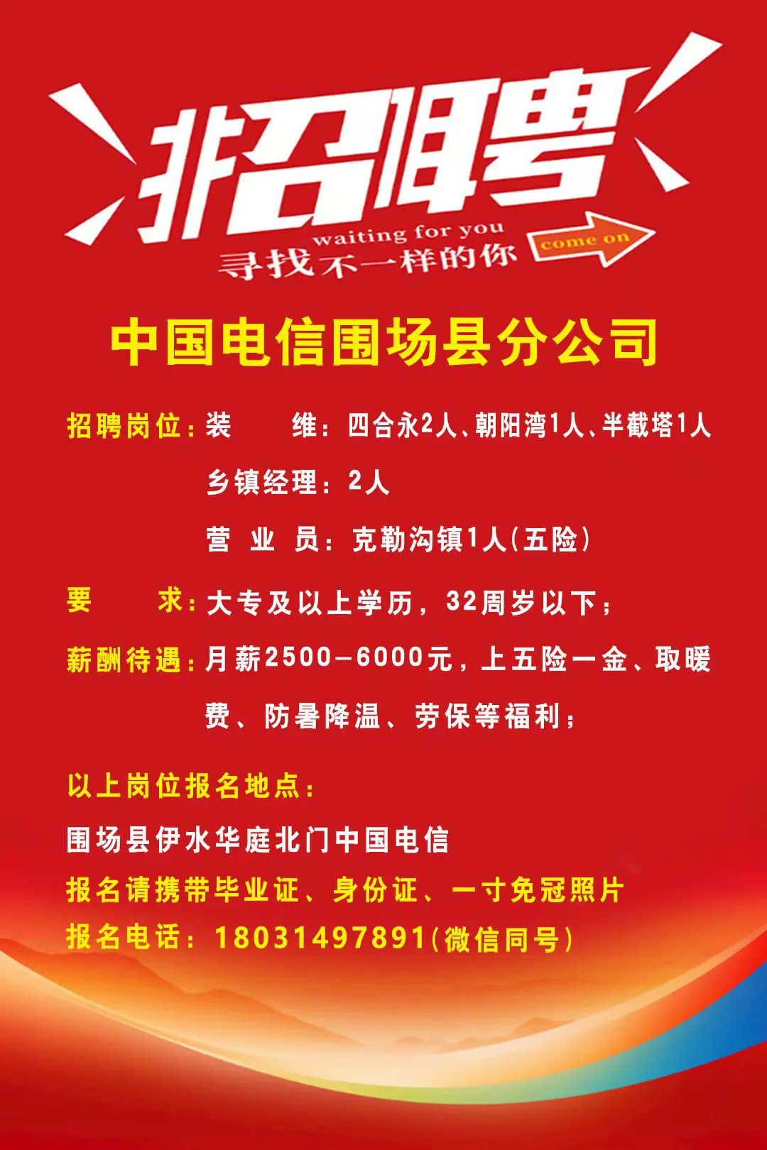 【招聘启事】有志之士何必去往异地，故乡热土也可大有作为！ 中国电信围场...