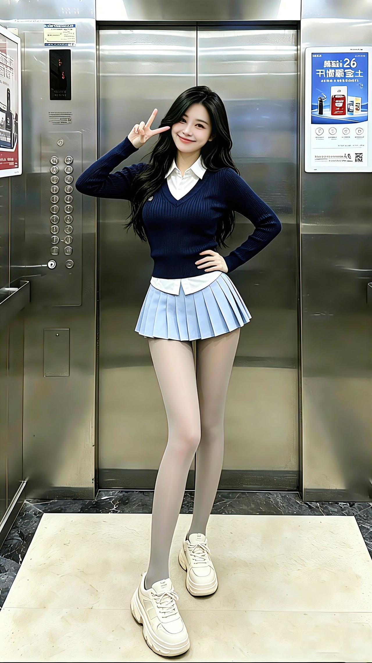 电梯间里，藏蓝假两件毛衣裹着学院乖甜，浅蓝撞色百褶裙一摆又添了俏感～厚底鞋踩出随