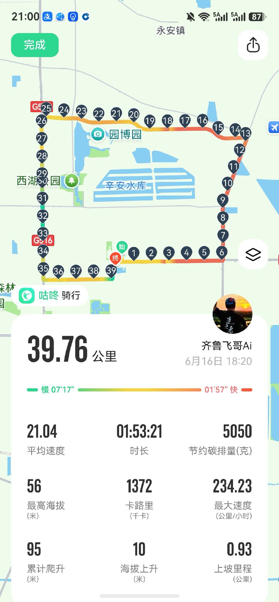 傍晚出发，环绕东城骑行一圈，迎着晚风掠过辛安水库与园博园。车轮碾过暮色，用骑行解