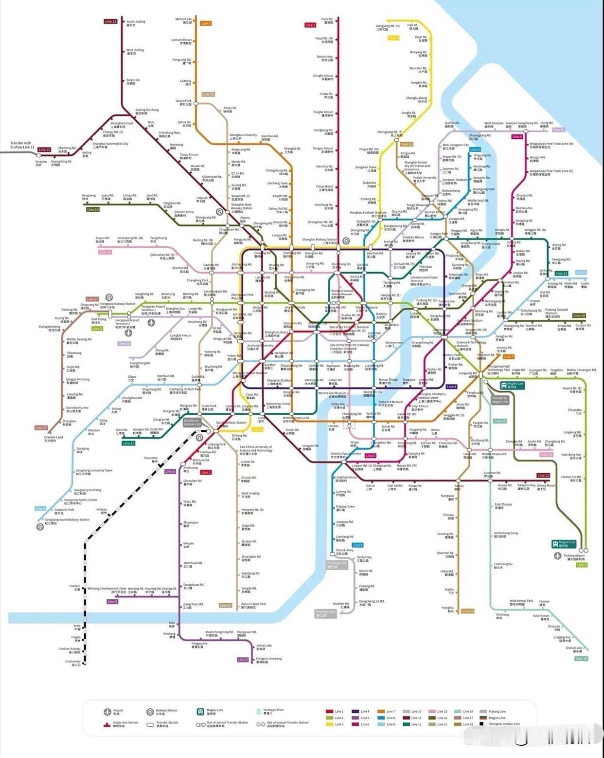 世界部分城市地铁线路图对比：依次为上海，纽约，东京，莫斯科，首尔，台北，新德里，