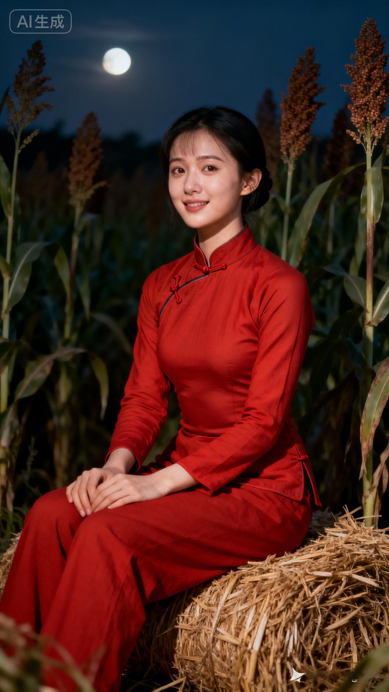 红衣少女坐田间，月色如水照芳颜。