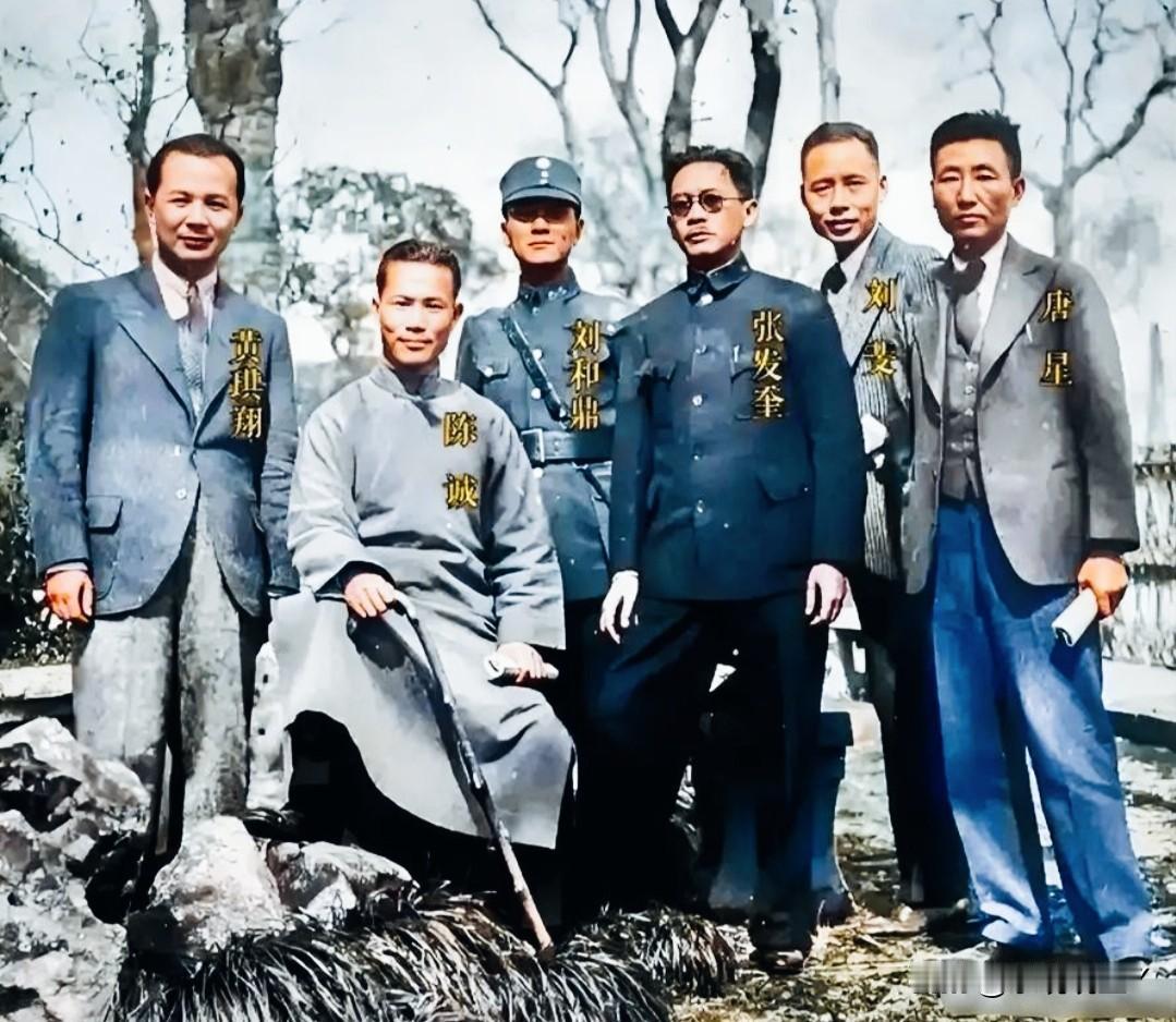 一九三七年，浙江，黄琪翔、陈诚、刘和鼎、张发奎、刘斐、唐星的合影老照片。这绝非演
