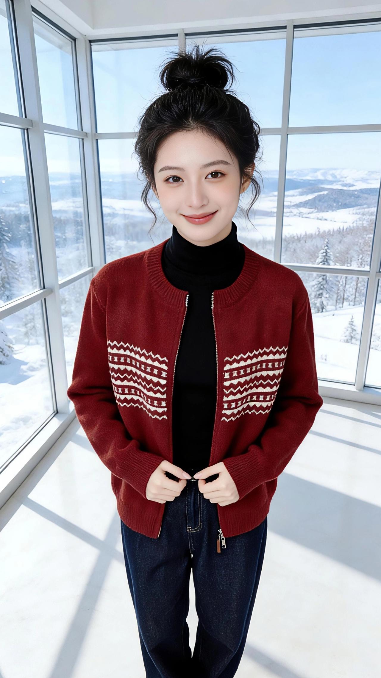 冬日的窗棂框住了漫天的雪色，红棕针织开衫像团温软的火，在冷冽的空气里漾开暖意。蓬