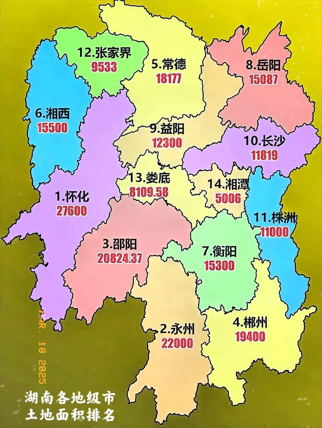 湖南各地级市土地面积大小排名如下：
第一名、怀化，27000多平方公里，
第二名