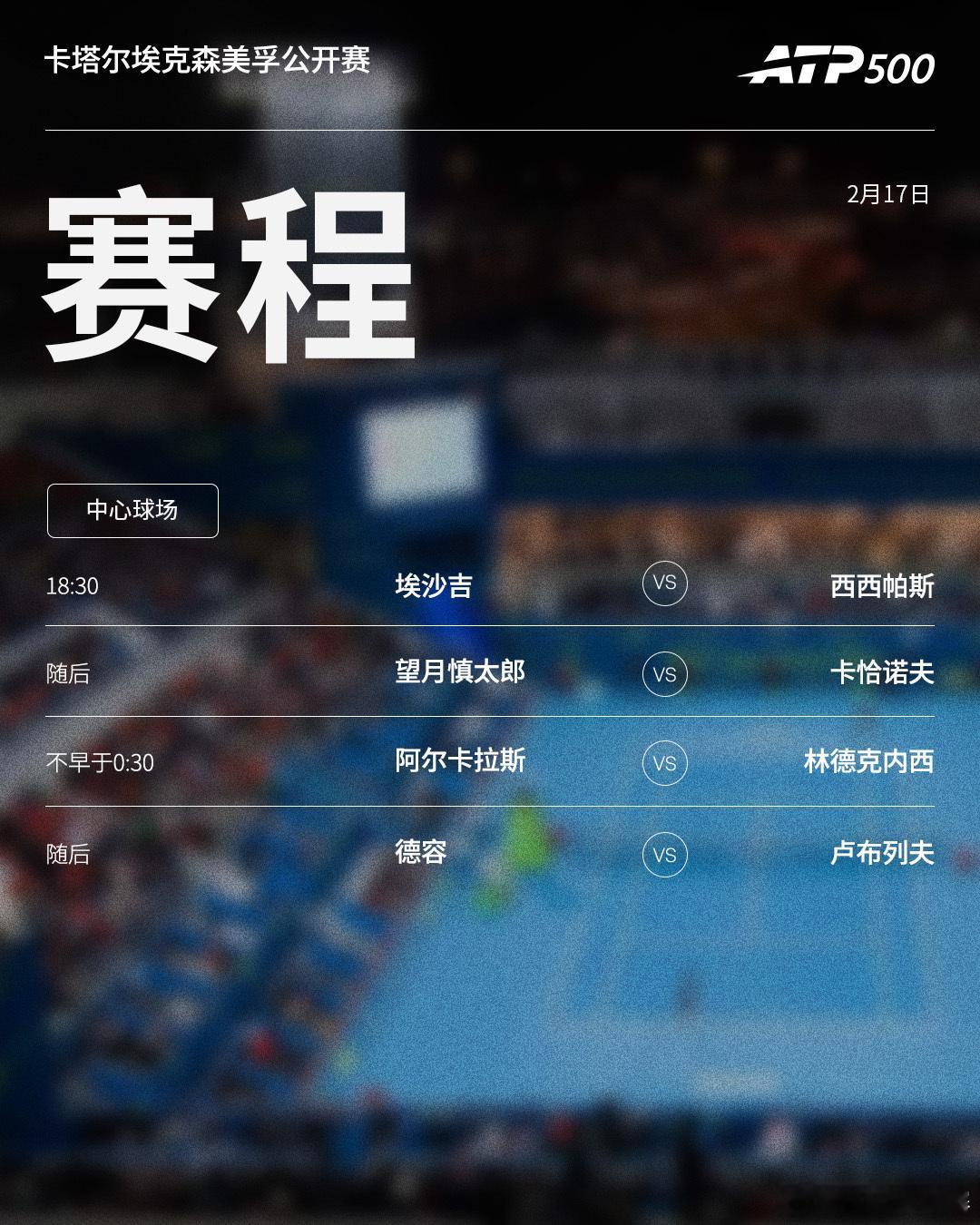 三项巡回赛今日继续首轮的争夺，赛程见图（均为北京时间） ⭕️ ATP500卡塔尔
