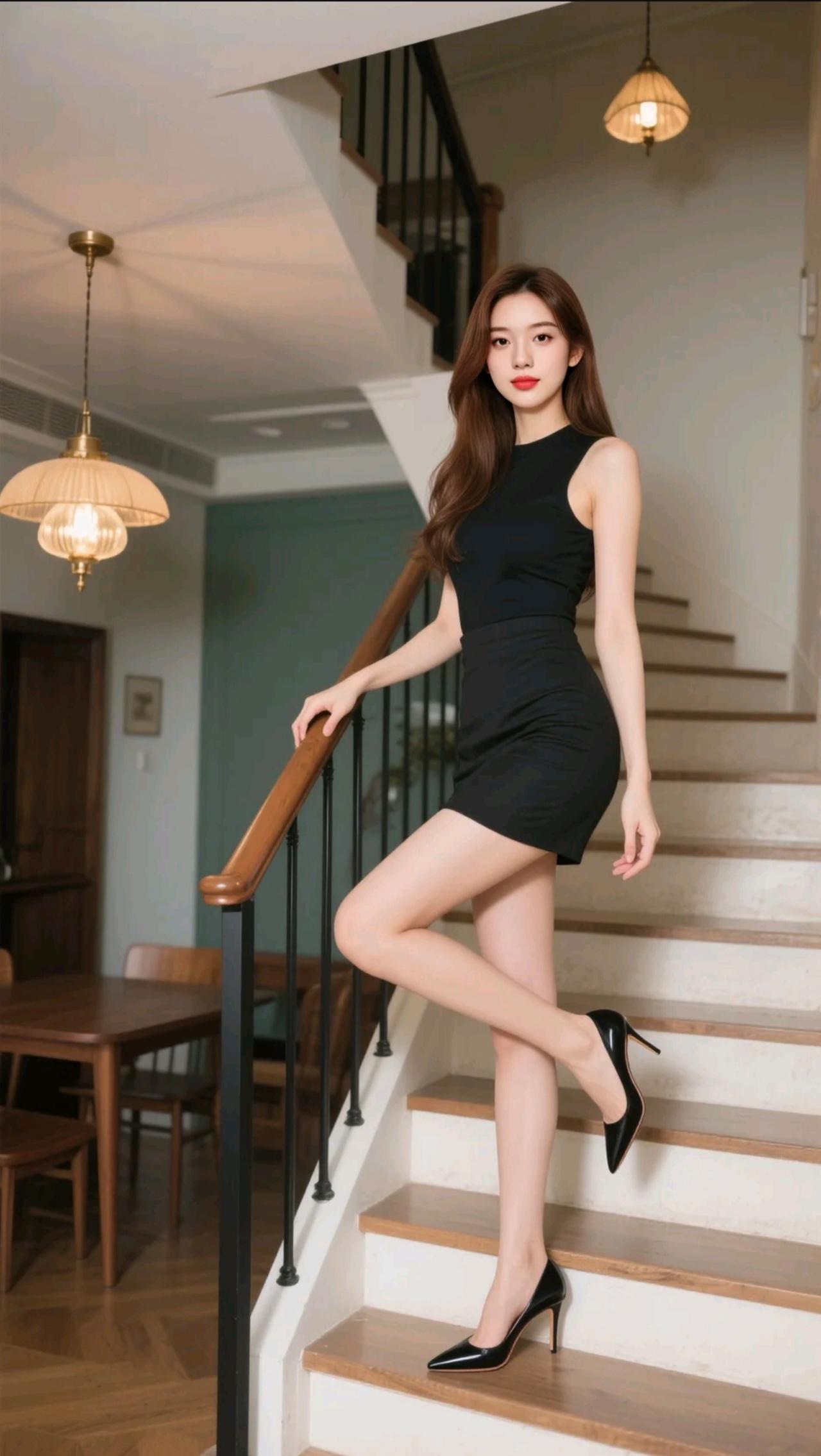 优雅气质黑裙，
自信的步伐，
楼梯上的时尚美女
