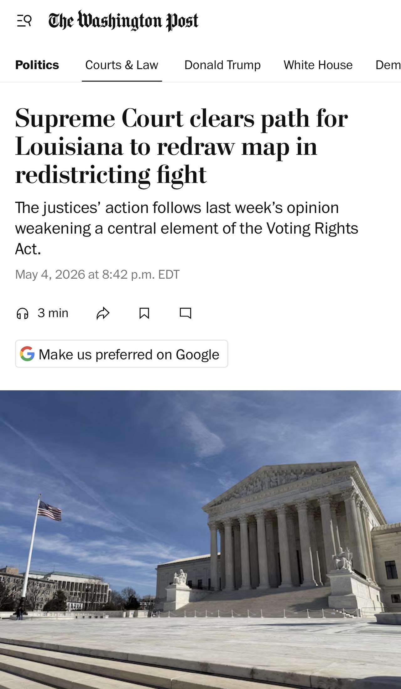 美国最高法院刚刚发布命令批准了路易斯安那州加快判决的请求，以允许这个红色州在20