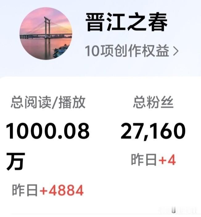 感谢粉丝、朋友们的厚爱！
″晋江之春″头条号，阅读量突破一千万！
来头条，是菲律