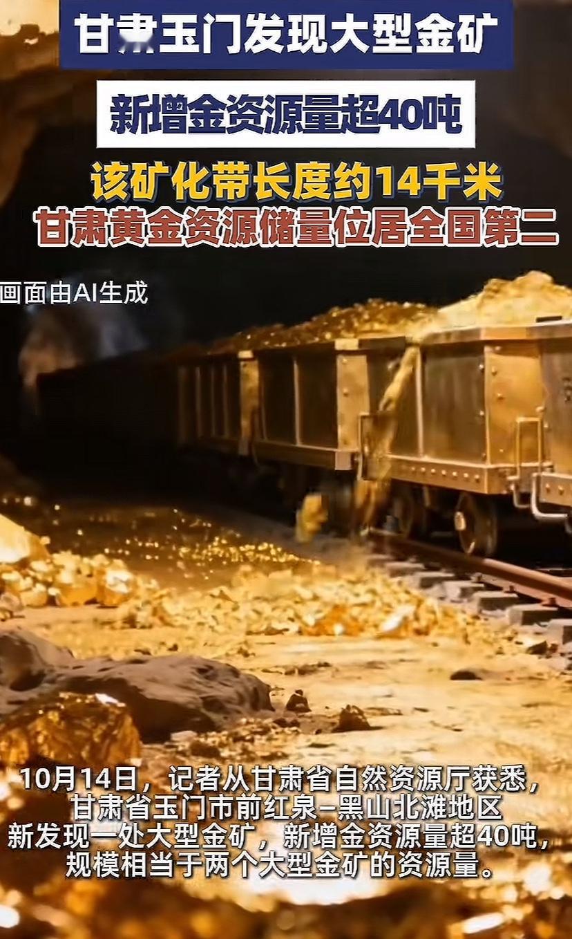 甘肃大好消息，玉门发现大型金矿，储量超40吨。现在一吨黄金价值约9.6亿元，40