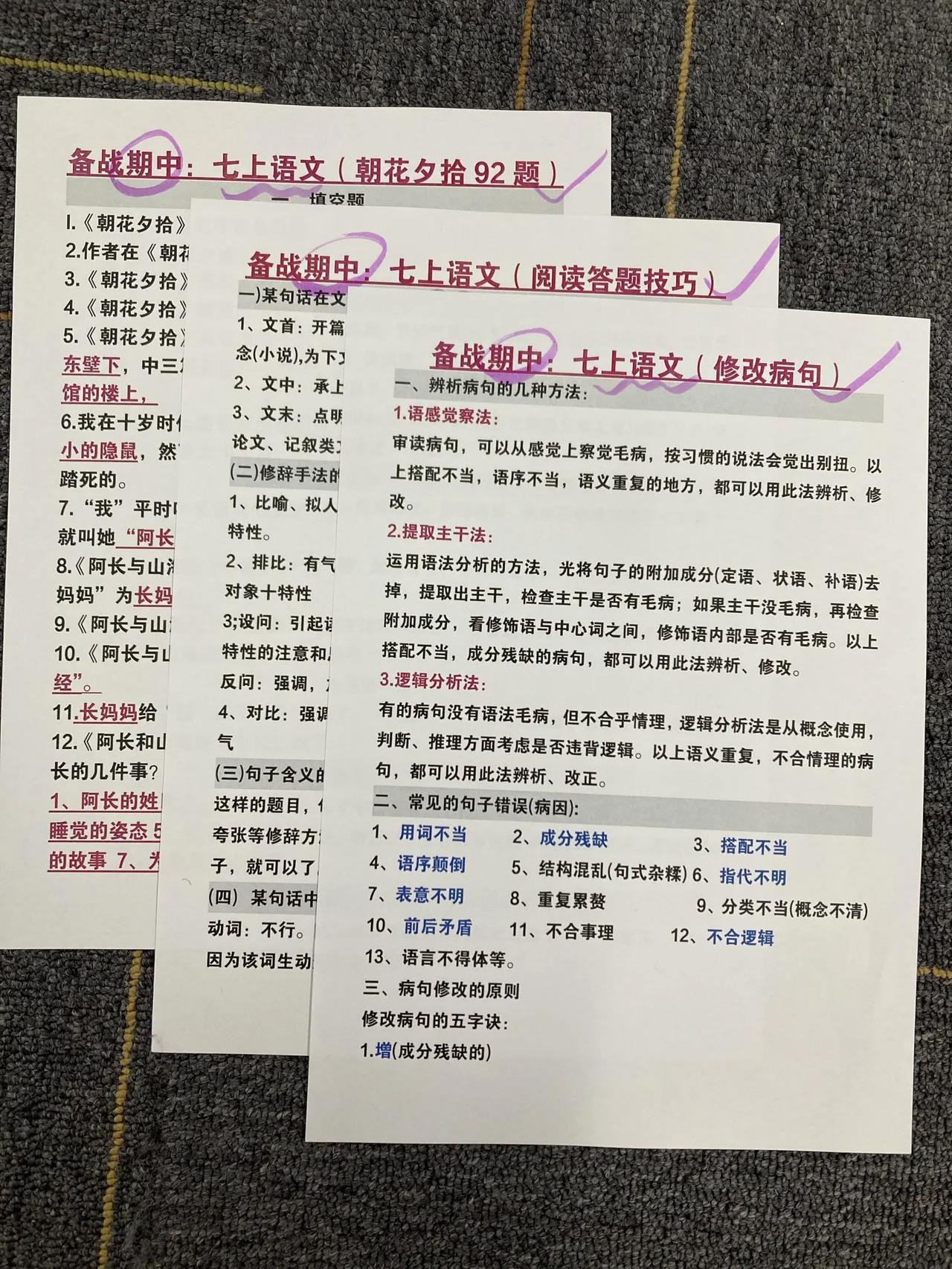 七年级上册期中考试，全科知识点梳理