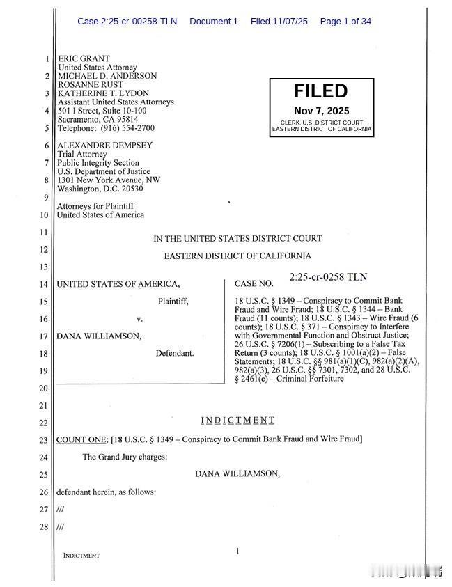 突发新闻：加州州长加文·纽森的幕僚长达娜·威廉姆森已被联邦调查局逮捕，面临多达2