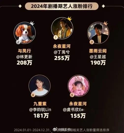 2024年剧播期艺人涨粉前五名分别是：丁禹兮，林更新，王星越，李昀锐，虞书欣，林