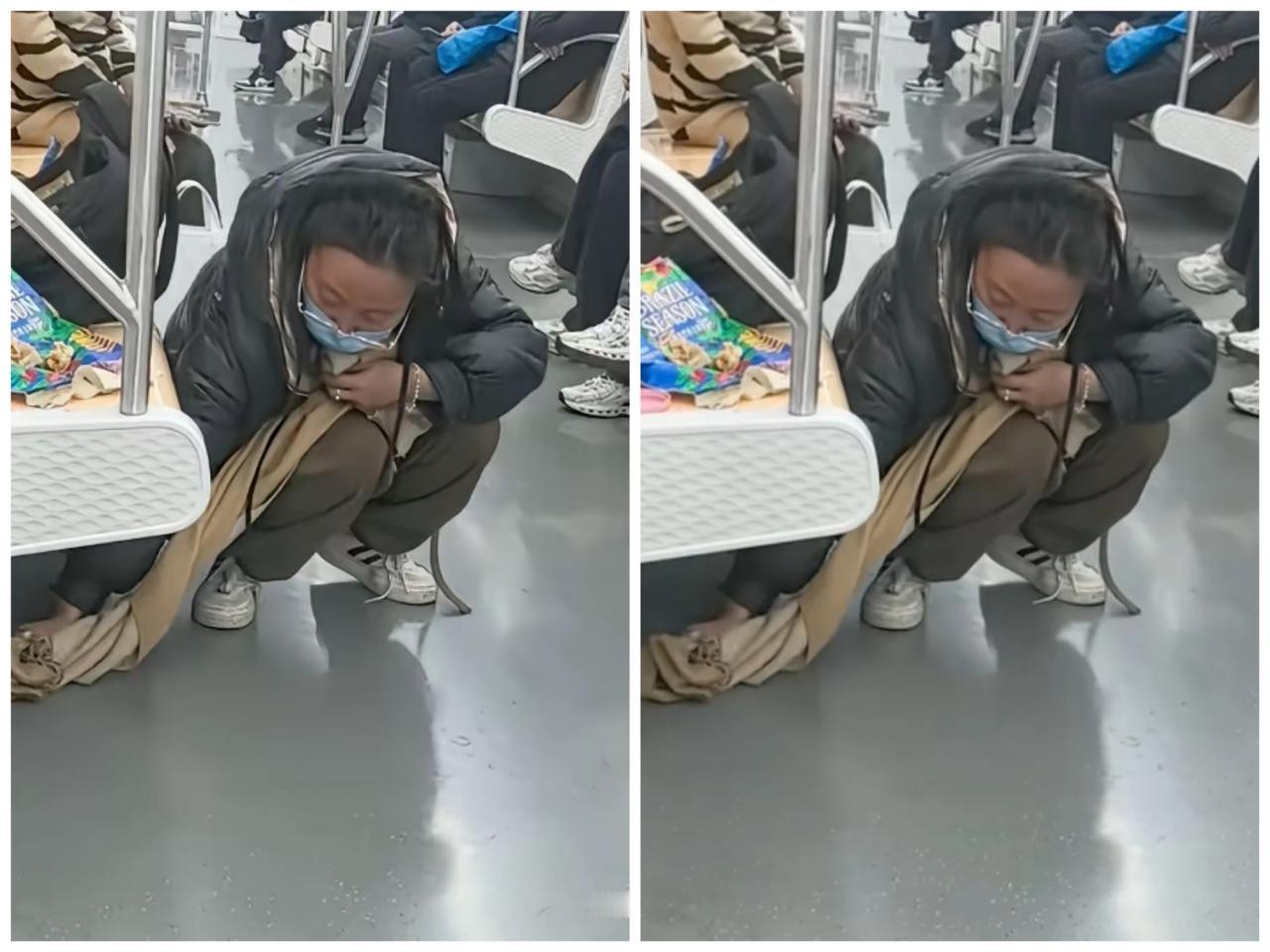 地铁里这一幕都让人惊讶不已！
姑娘手里的饮料不小心撒了一地，身上没带纸巾，全程没
