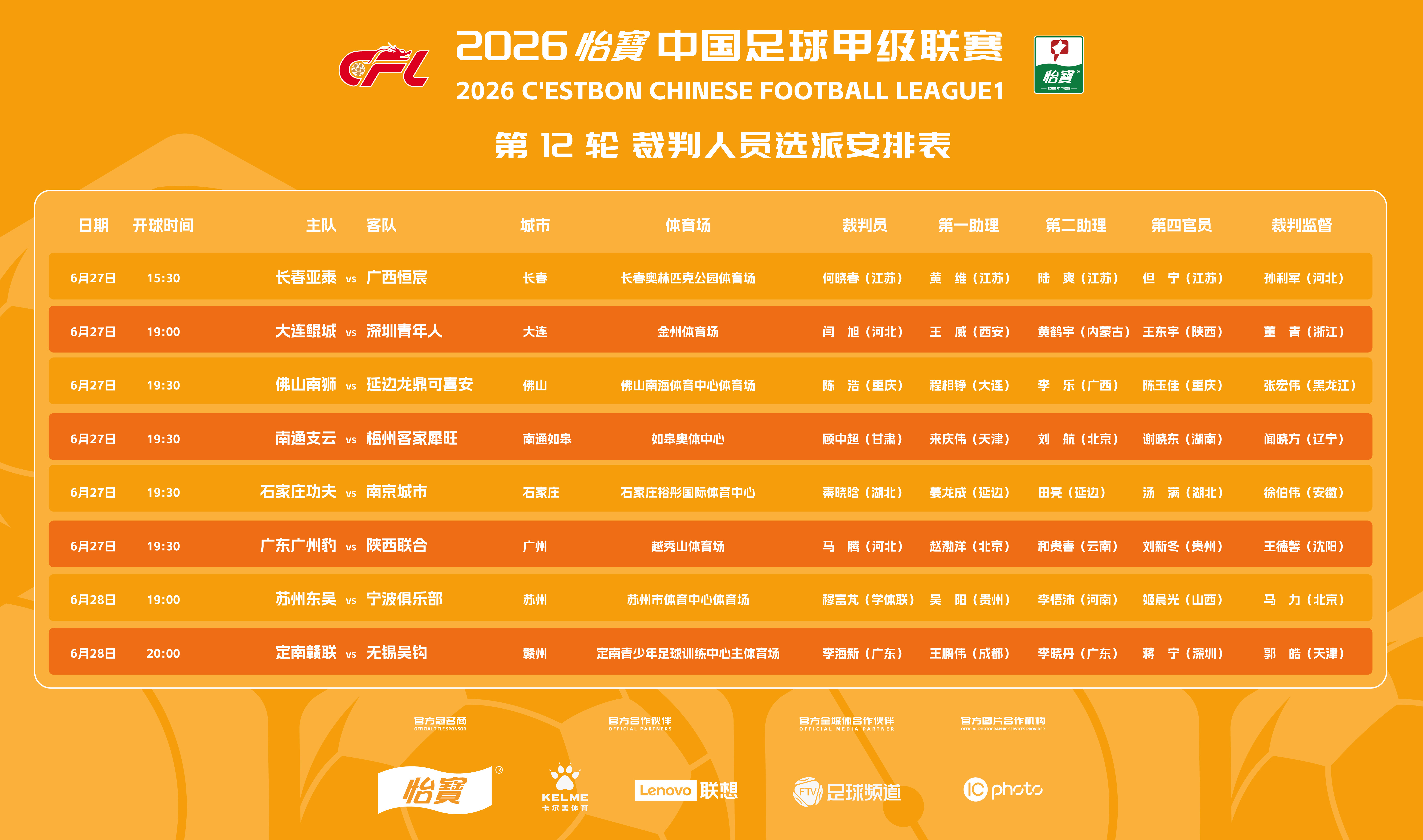 2026怡宝中甲联赛第12轮裁判选派结果公布，具体安排如下：一起登场中甲联赛