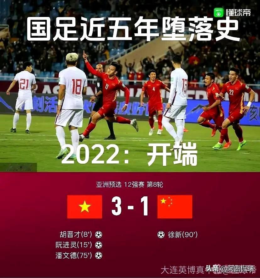从2022年大年夜，中国国家队1：3输给越南算起，国足一年不如一年。
现在都在全
