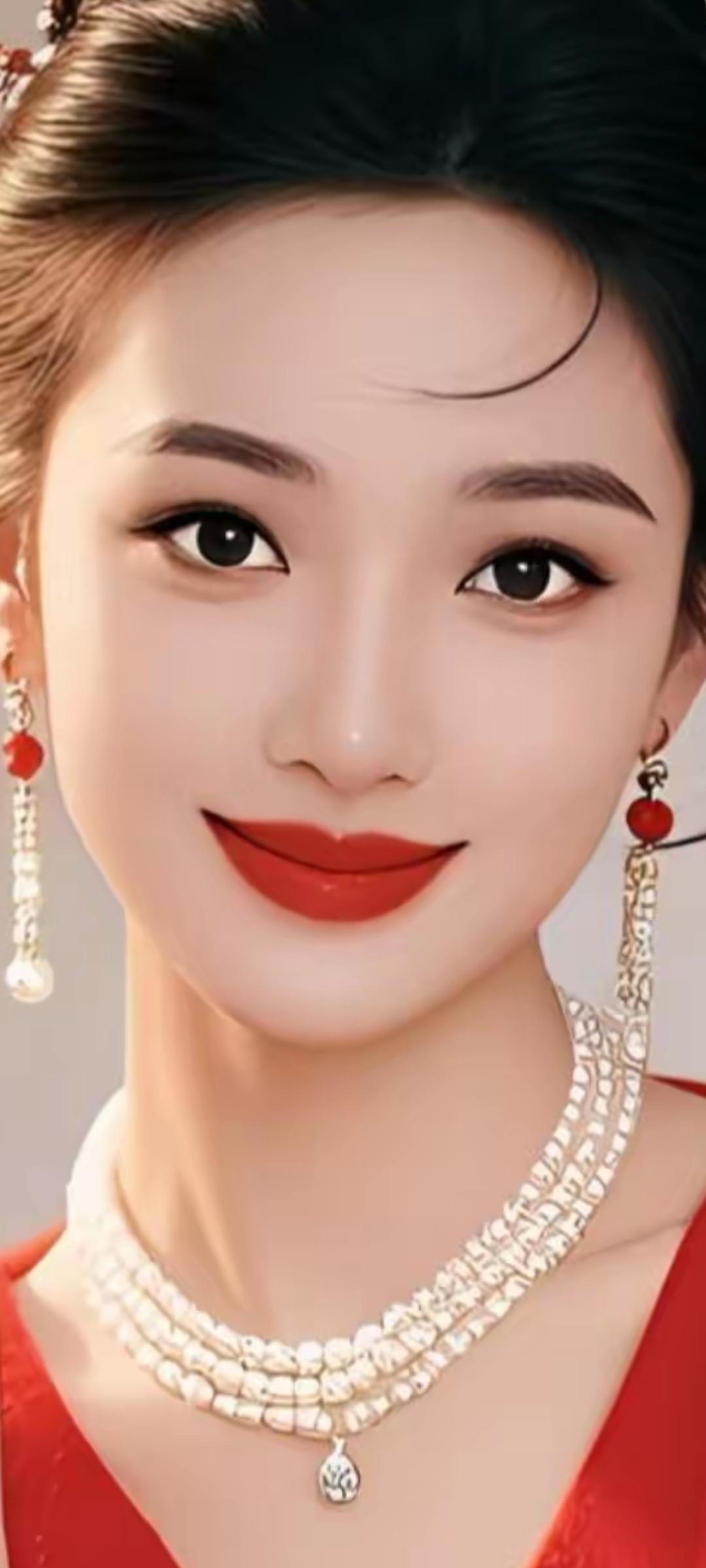 优雅红唇，珍珠项链，东方美人！