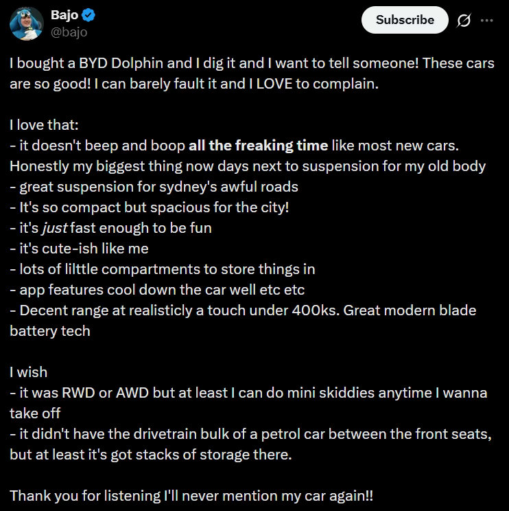澳大利亚一个在游戏圈和科技圈都很有影响力的内容创作者：Bajo，买了一辆比亚迪海