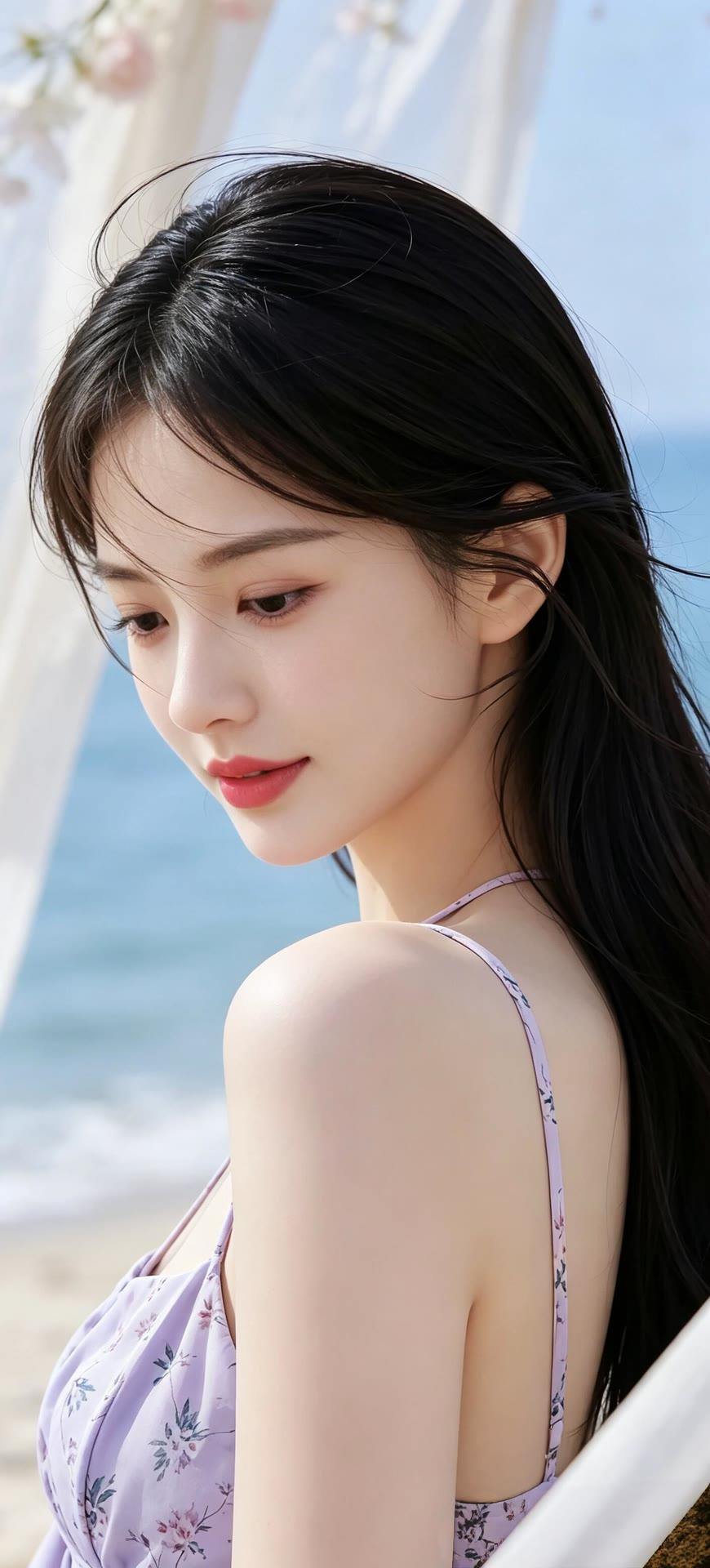 海边轻风拂面，少女温柔侧颜