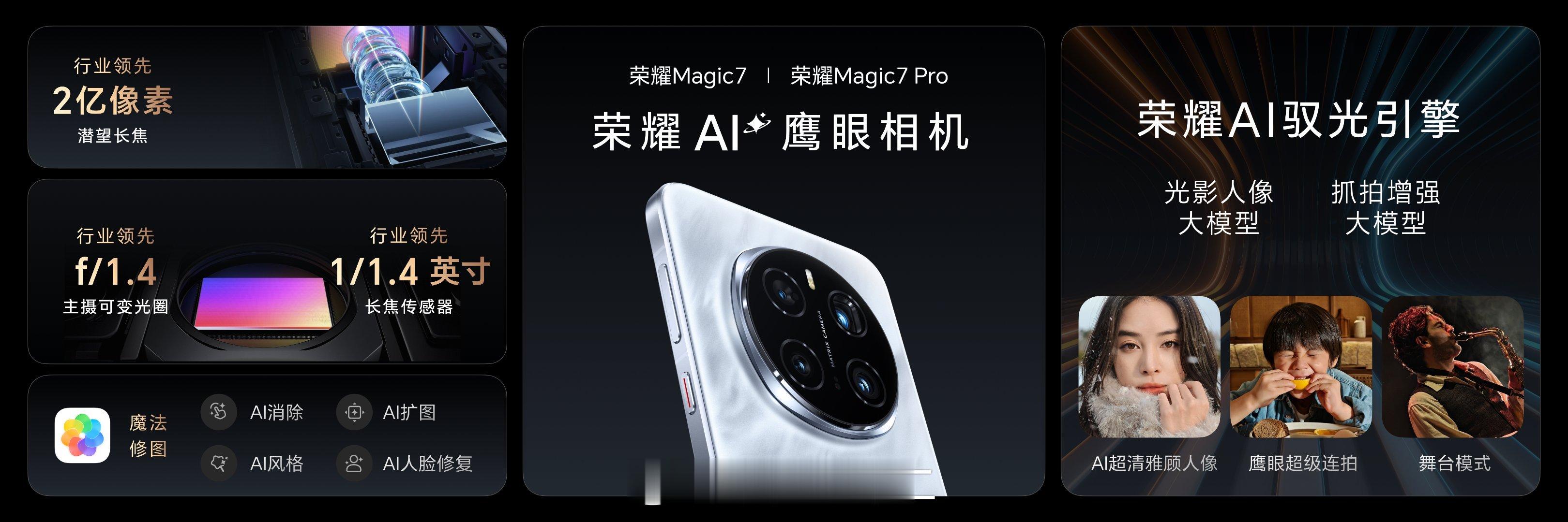 荣耀Magic7系列的拍照模块很强大，有几个单项处在全行业第一的水平：1、全行业