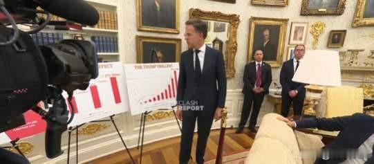 北约秘书长吕特携带军费对比图表在白宫面见特朗普，试图缓和对方不满。

吕特（指着