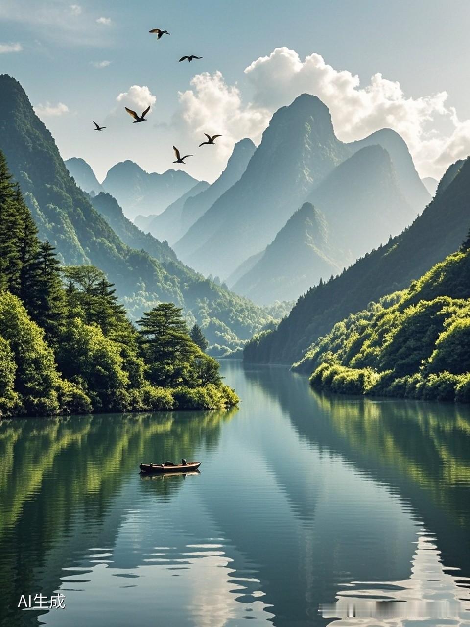 上联:青山有情百鸟鸣
下联:绿水无意干帆过