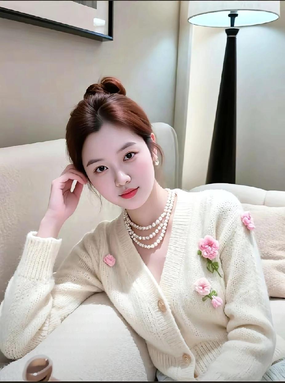 优雅珍珠项链搭配粉色花朵毛衣，温柔气质满满！