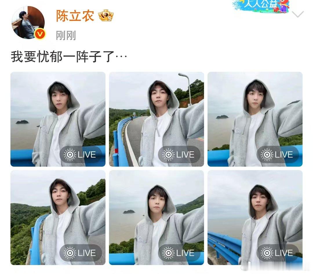 陈立农我要忧郁一阵子了陈立农忧郁氛围感照  陈立农分享灰色连帽卫衣造型，配文“我