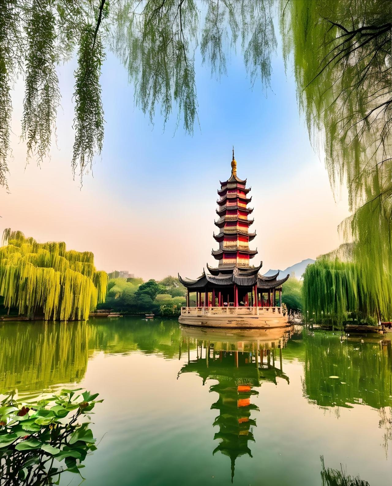 相册里最满意的照片春日美景：宝塔湖泊柳绿