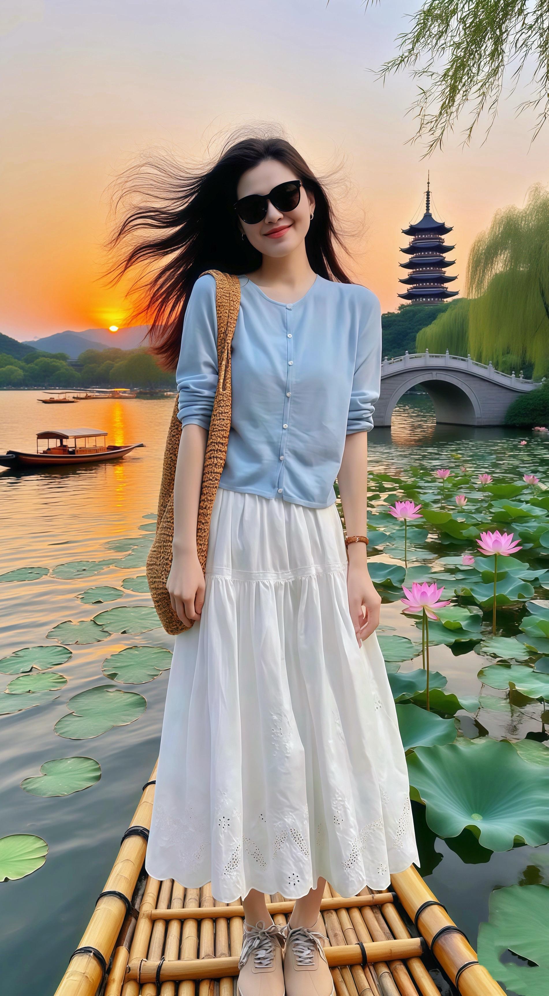 《西湖畔的邂逅》夏日傍晚，晓芸来到西湖边。她身着淡蓝色开衫，搭配白色蕾...