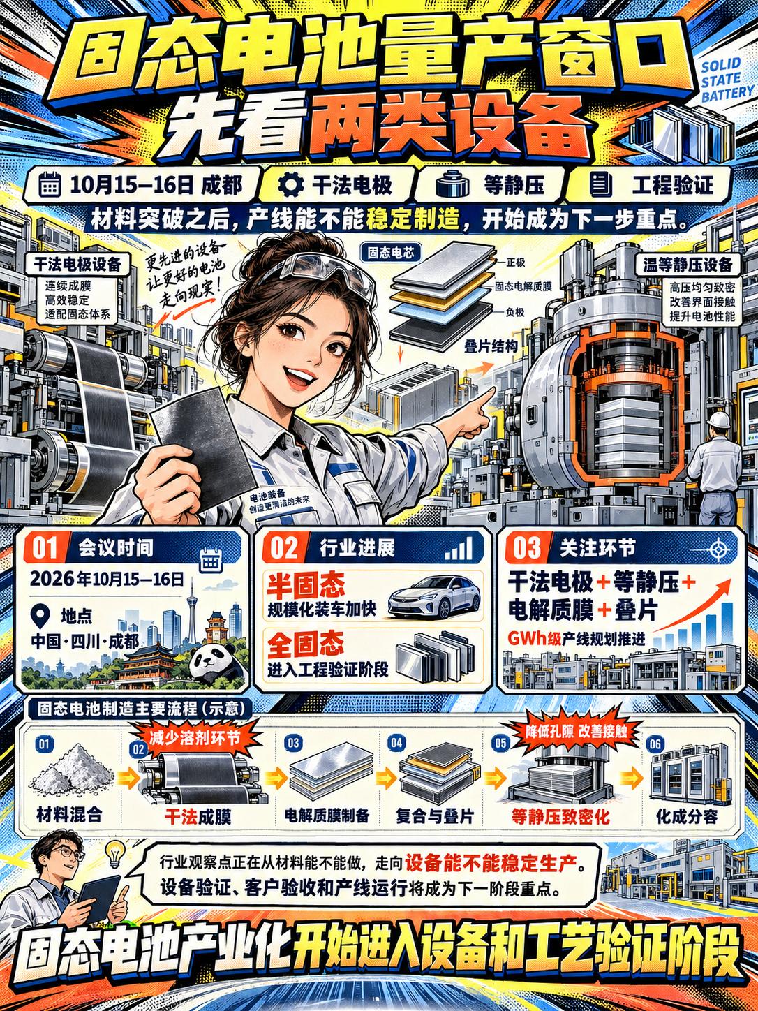 成都固态电池大会下周召开，干法电极和等静压设备先站上台前

10月15日到16日