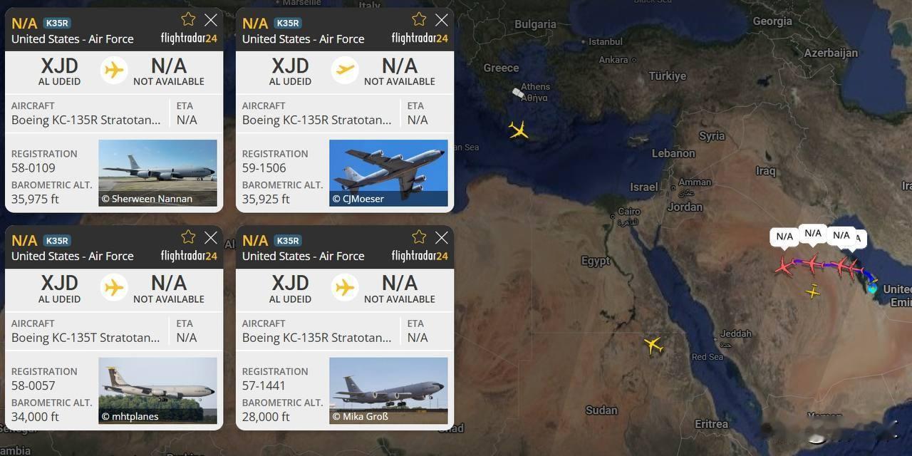 突发：四架KC-135“同温层加油机”离开卡塔尔乌代德空军基地，执行任务，具体任