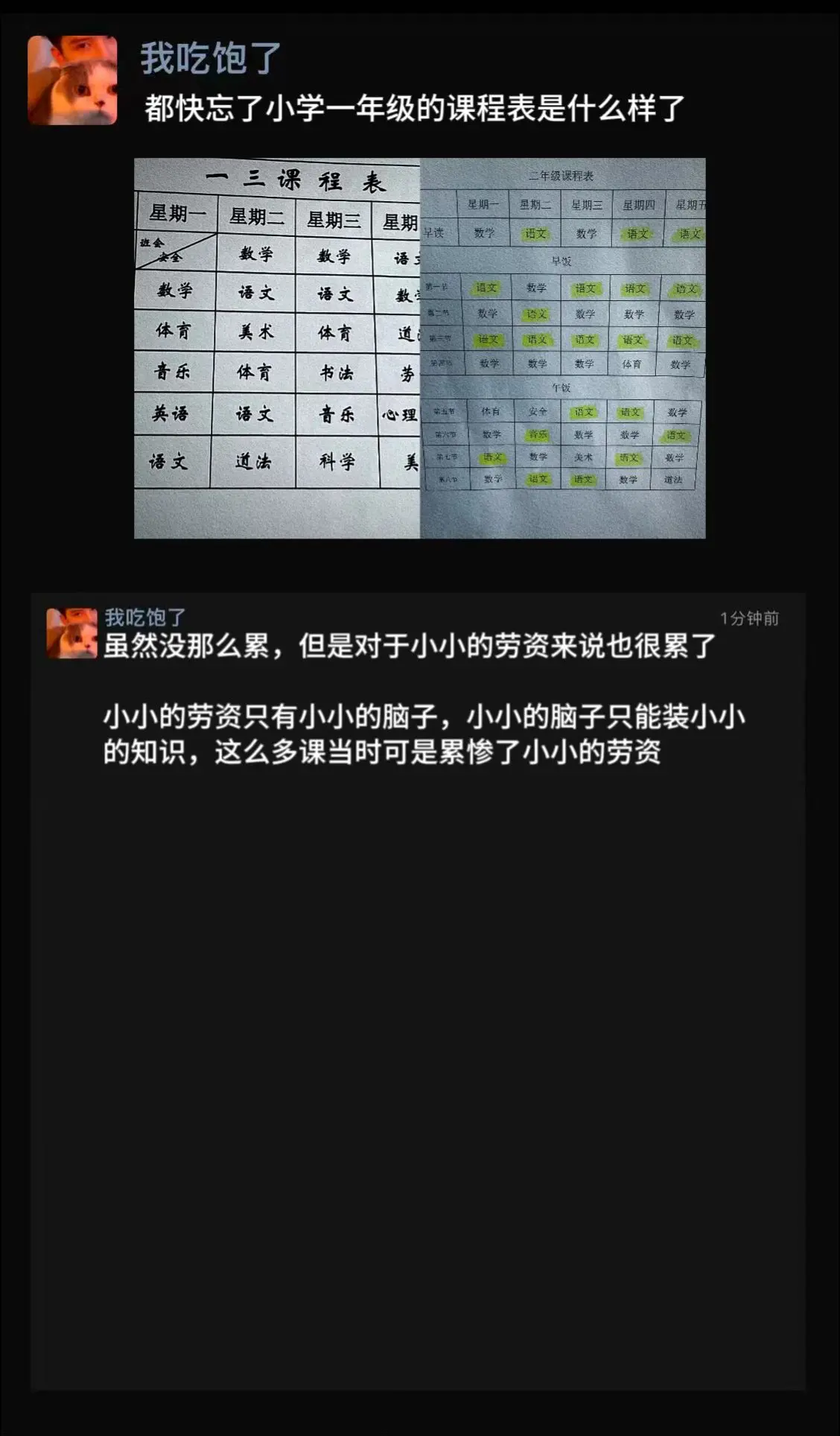 都快忘了小学一年级的课程表是什么样了