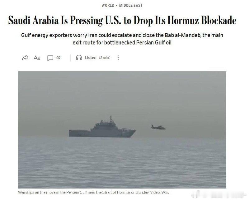 沙特阿拉伯向特朗普政府施压，要求其解除对霍尔木兹海峡的封锁，并警告称，此举可能促