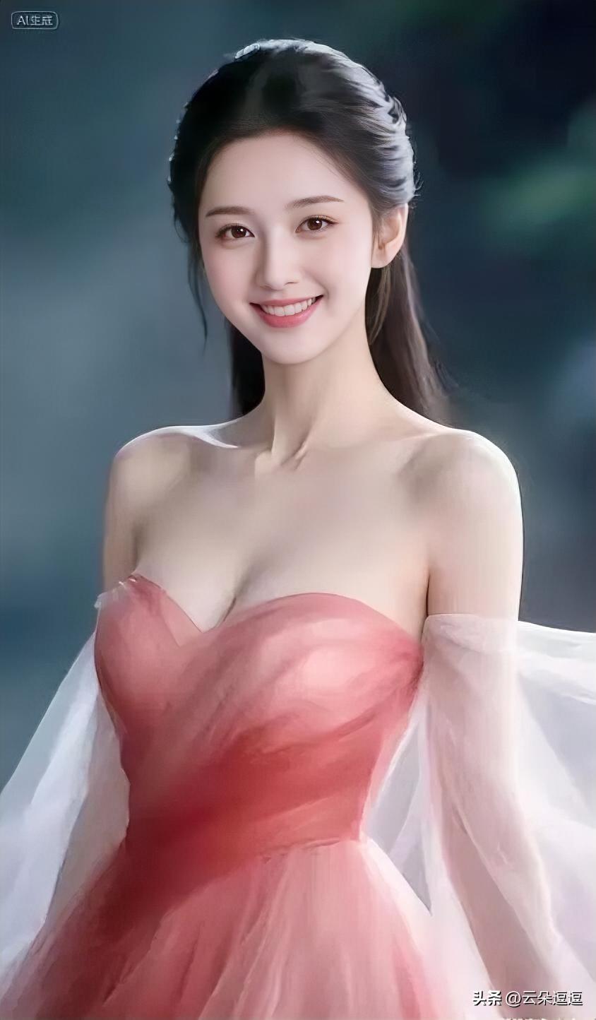 优雅红裙，温柔微笑，宛如画中仙子。