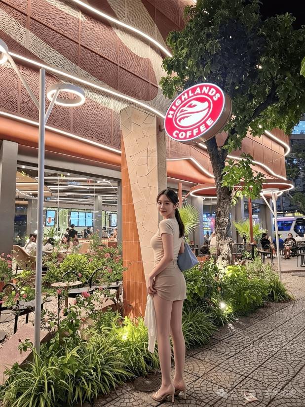 美女在咖啡店门口拍照，背景热闹。