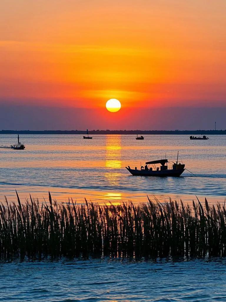 洞庭夕阳落，金辉染碧波。芦苇舞夕照，渔舟唱晚歌。最灿莫过夕阳景 湖泊风景诗分享