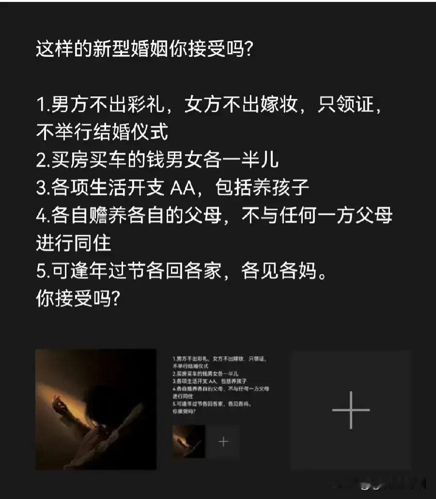 男朋友要求这样的新型婚姻，
作为女方，你同意吗？
1，男方不出彩礼，女方不出嫁妆