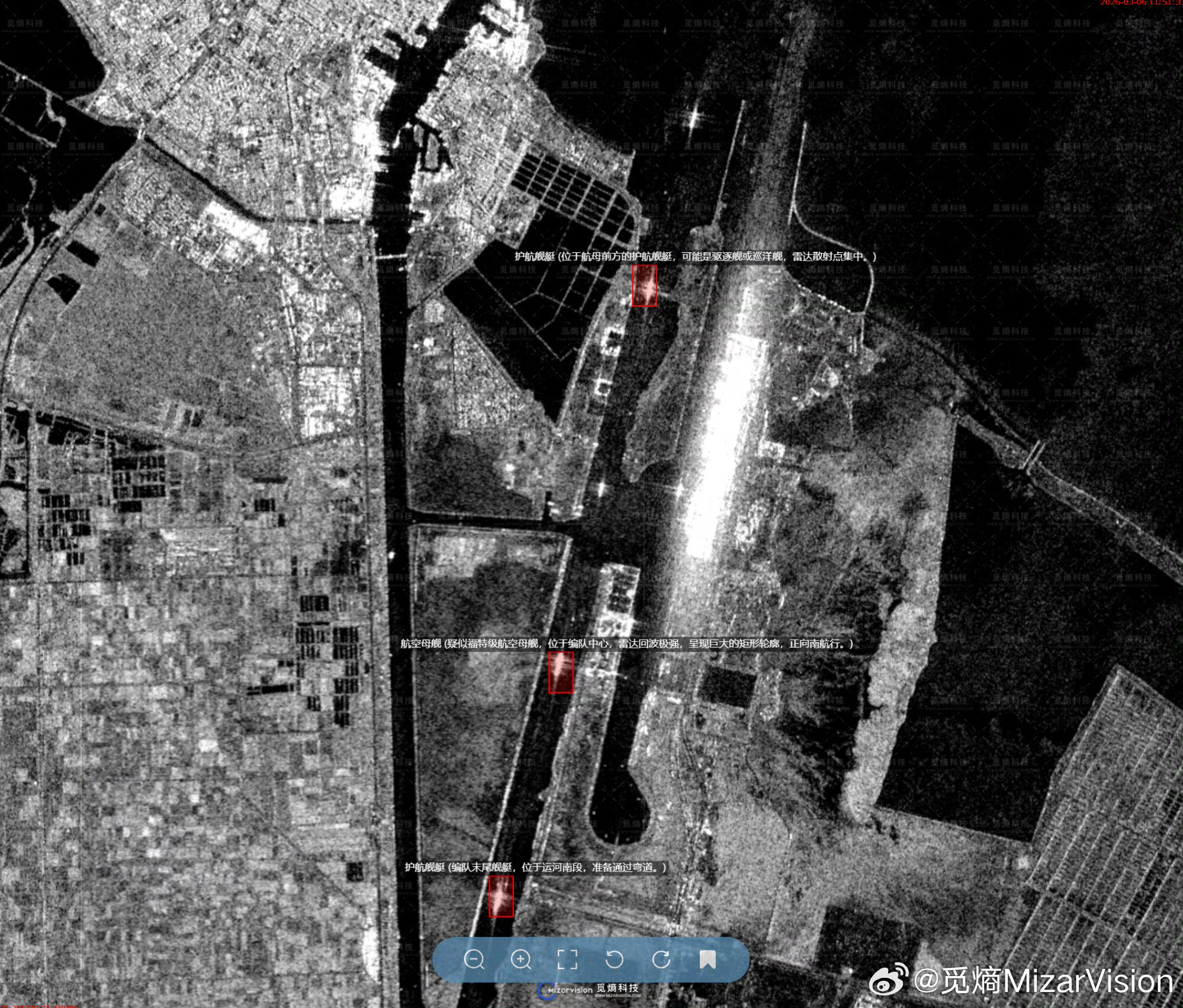 雷达卫星发现，有海军编队从地中海进入苏伊士运河，疑似美福特号航母编队要转移到阿拉