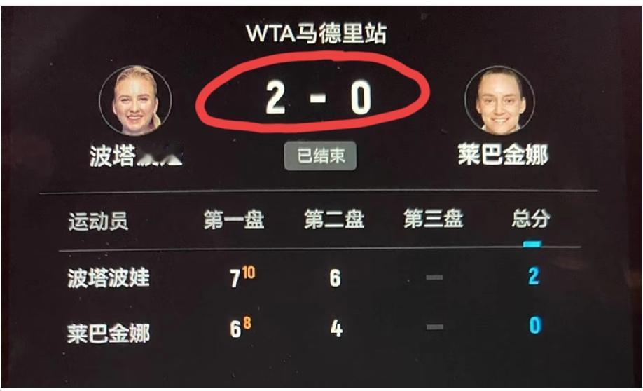 波塔波娃2:0干净利落的将莱巴金娜斩落于马下，看来当初俄罗斯网协的选择也不是没有