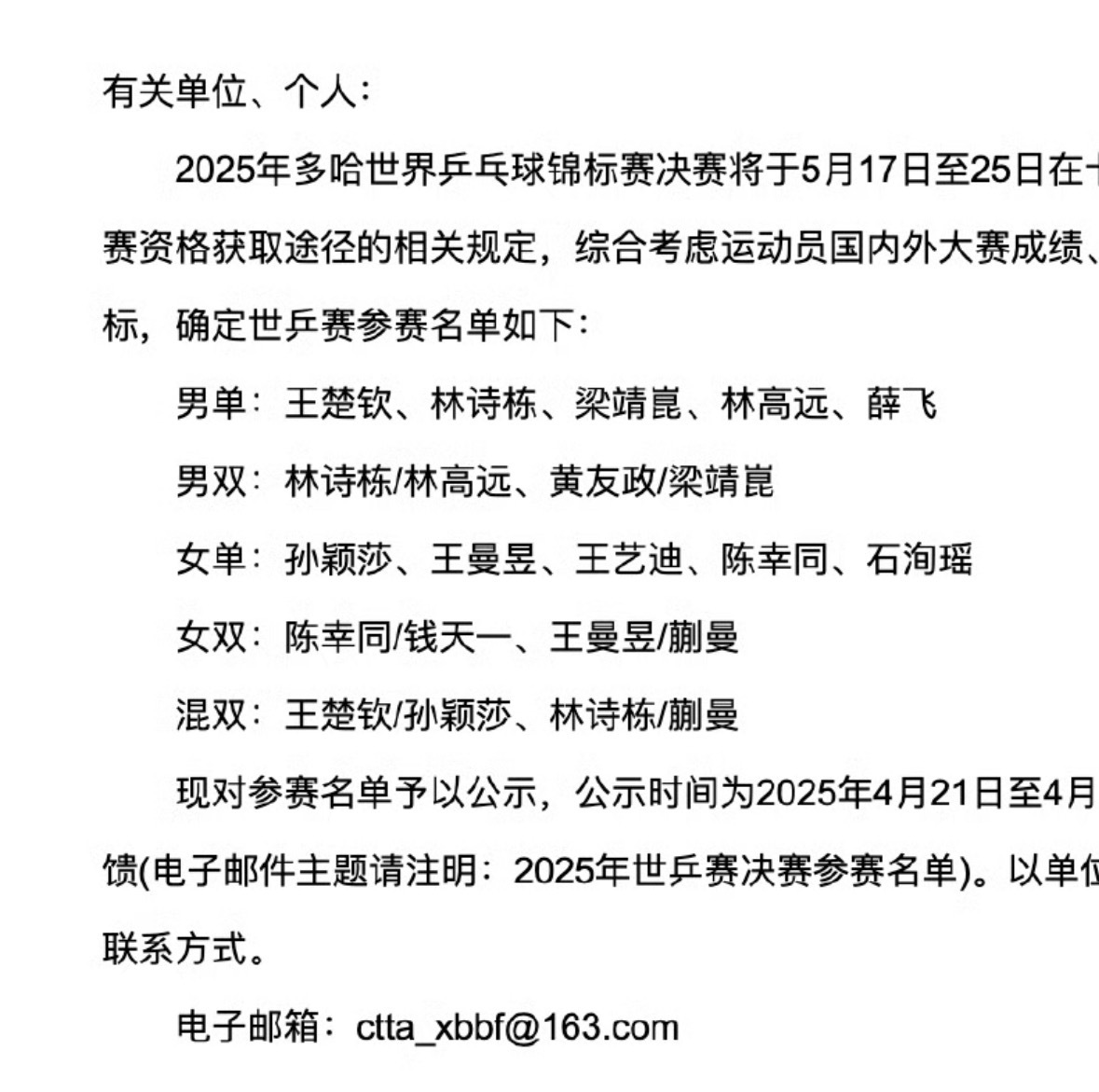 多哈世乒赛名单妈妈我以为有生之年再也看不到莎头打混双了[泪]挖槽啊啊啊啊啊啊啊啊