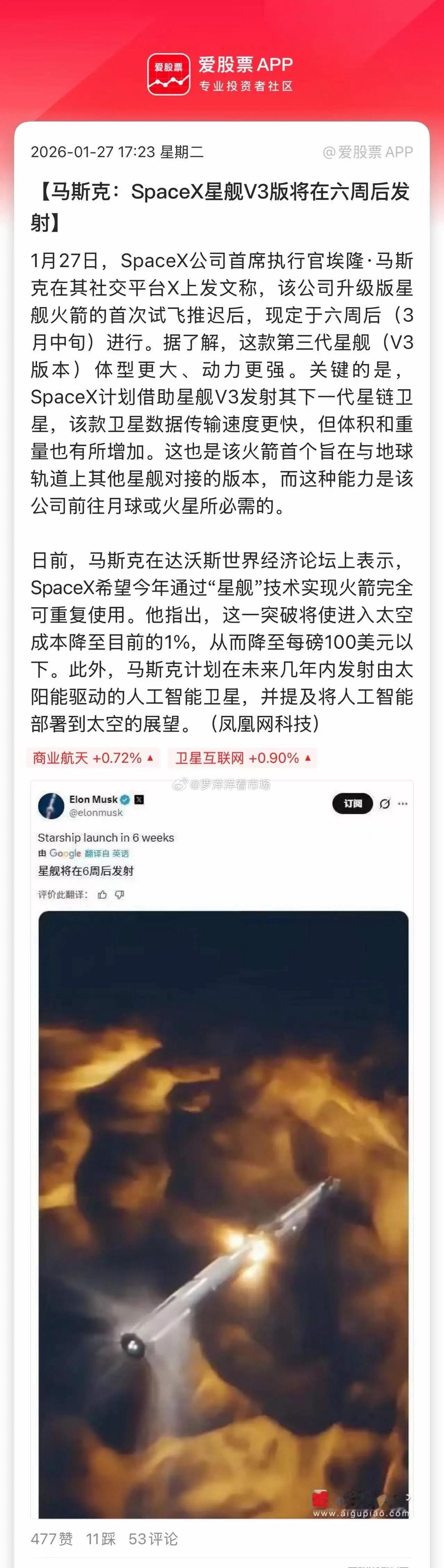 今晚商业航天两大利好，一是马斯克：SpaceX星舰V3版将在六周后发射；二是欧盟