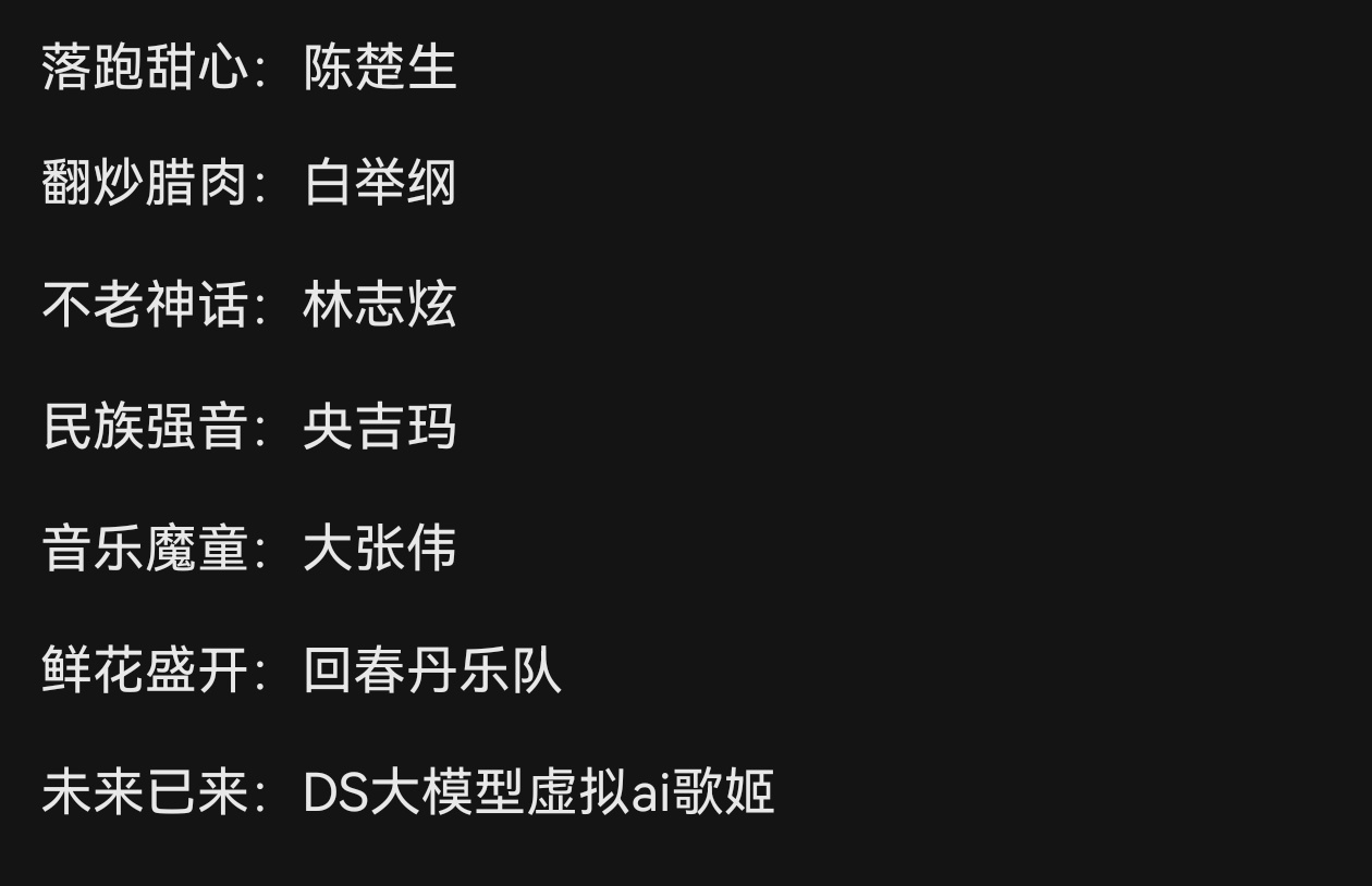 歌手2025直播倒计时50天。网传新一轮名单是陈楚生、白举纲、林志炫、央吉玛、大