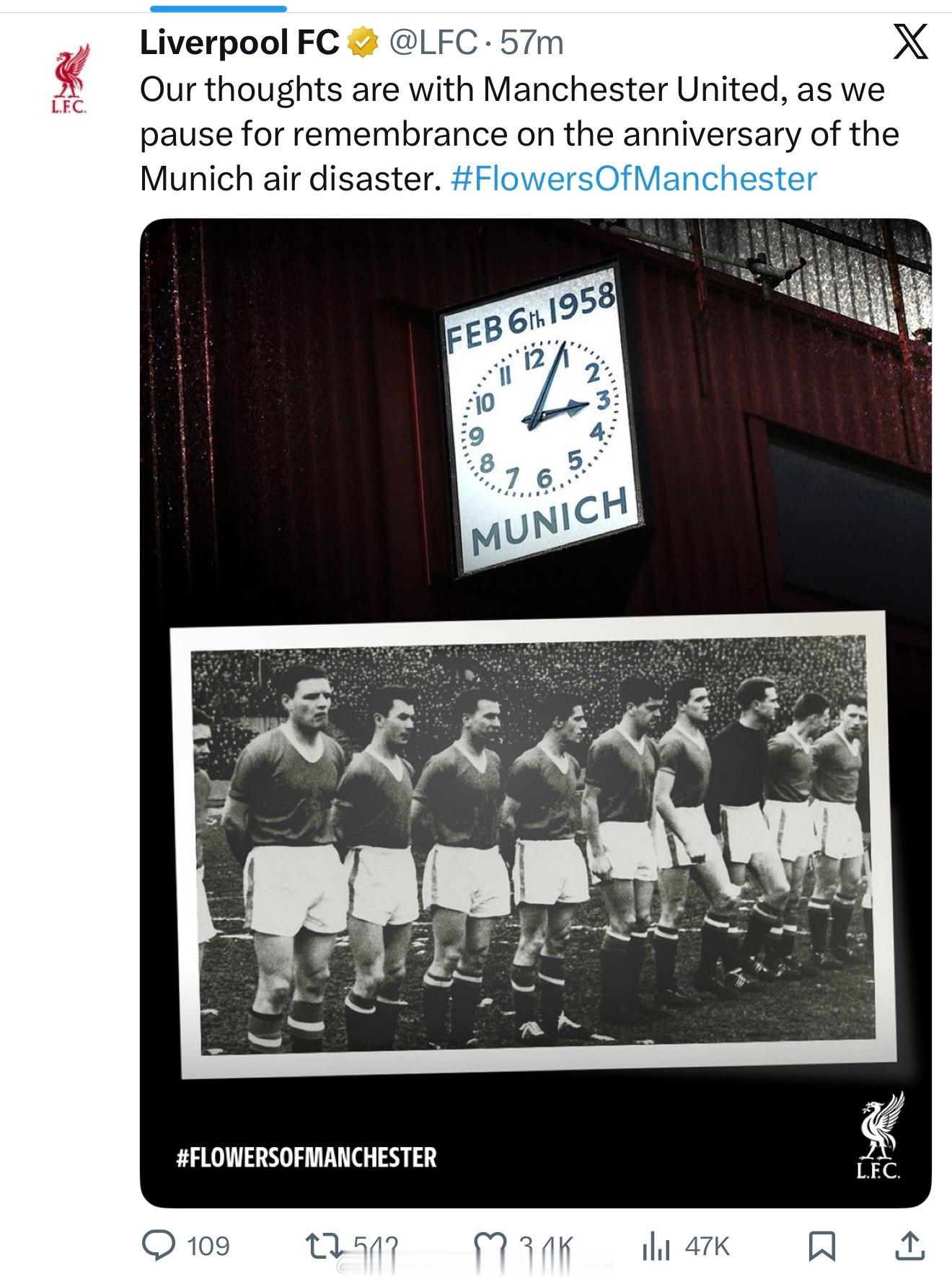 利物浦官推，与曼联共同缅怀在1958年2月6日慕尼黑空难中逝去的曼联球员们🌹?