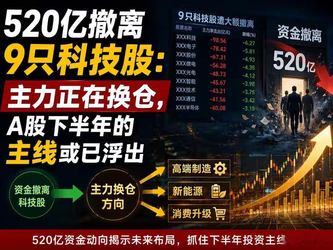 525.6亿主力资金撤离9只高位科技龙头，A股开启大规模高低换仓，下半年主线方向