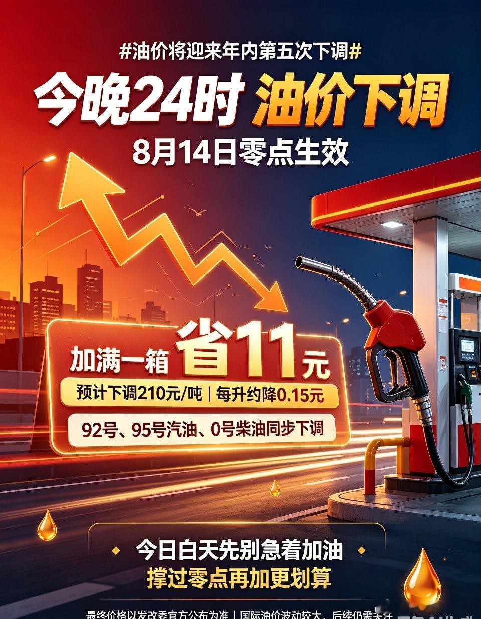 油价将迎来年内第五次下调车主省钱重磅提醒！8月14日 24:00 油价正式下调！