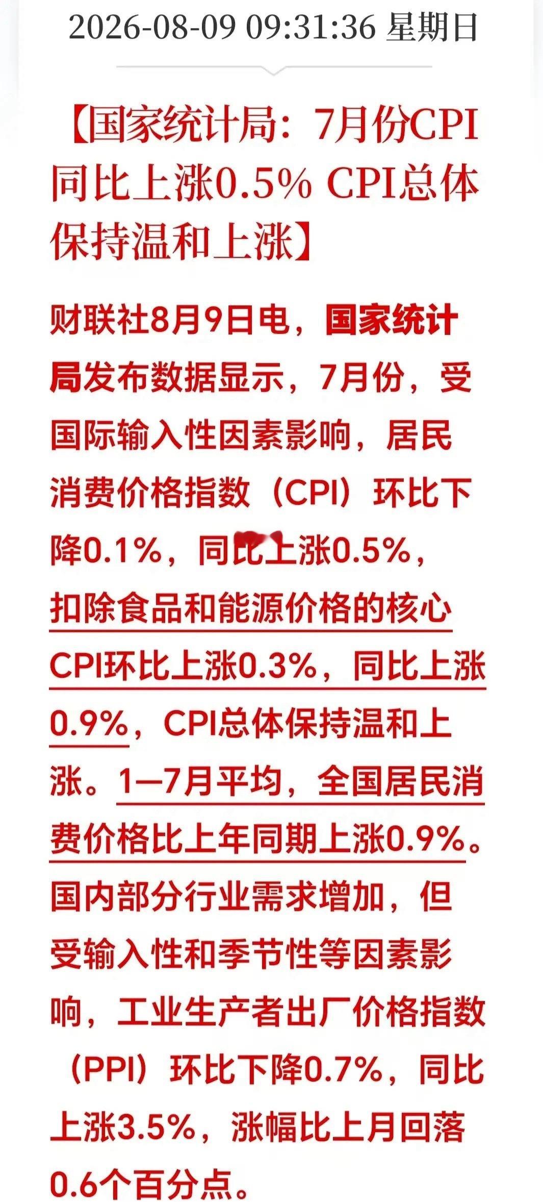 大利好！大利好！周末突发重磅：【国家统计局：7月份CPI同比上涨0.5% ，总体