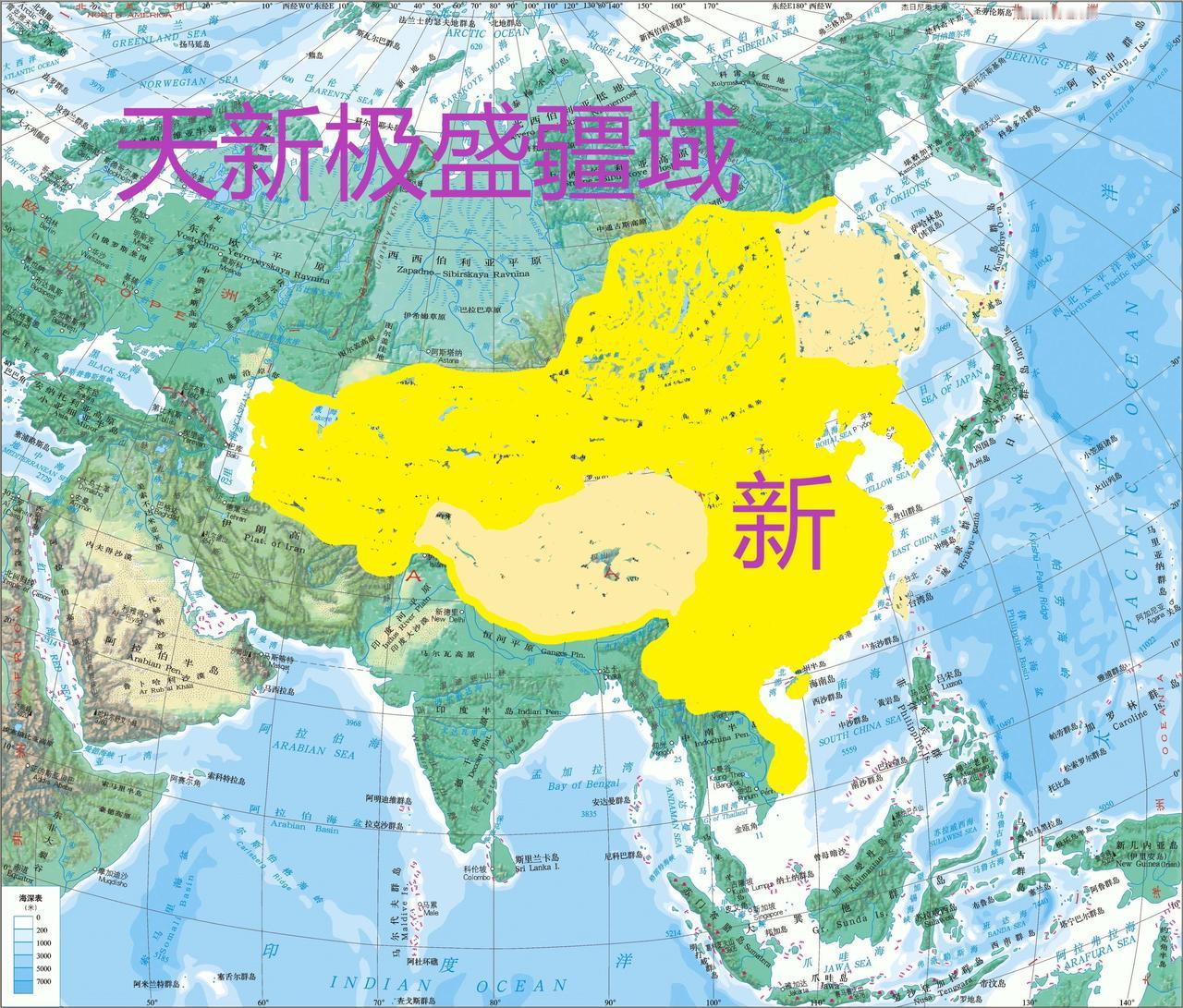 新朝疆域极盛时期约1600万—2000万平方公里
北至：北达外兴安岭
南至：南达