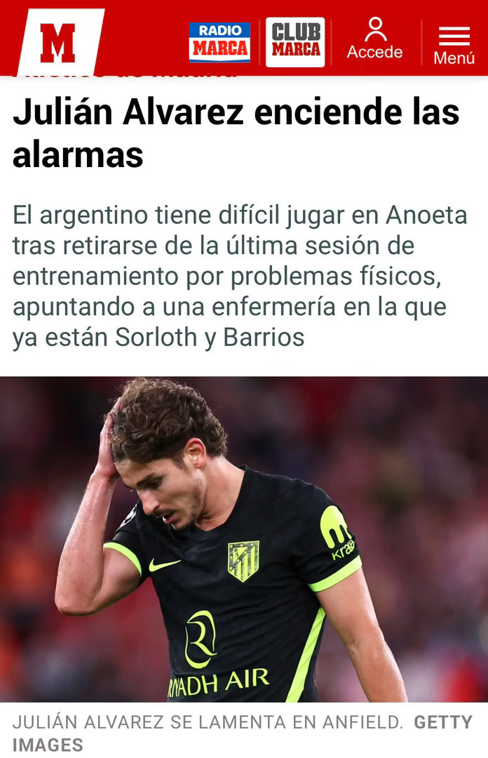 🚨Marca：阿尔瓦雷斯因肌肉不适退出了最后一次训练，恐难赴客场对阵皇家社会。