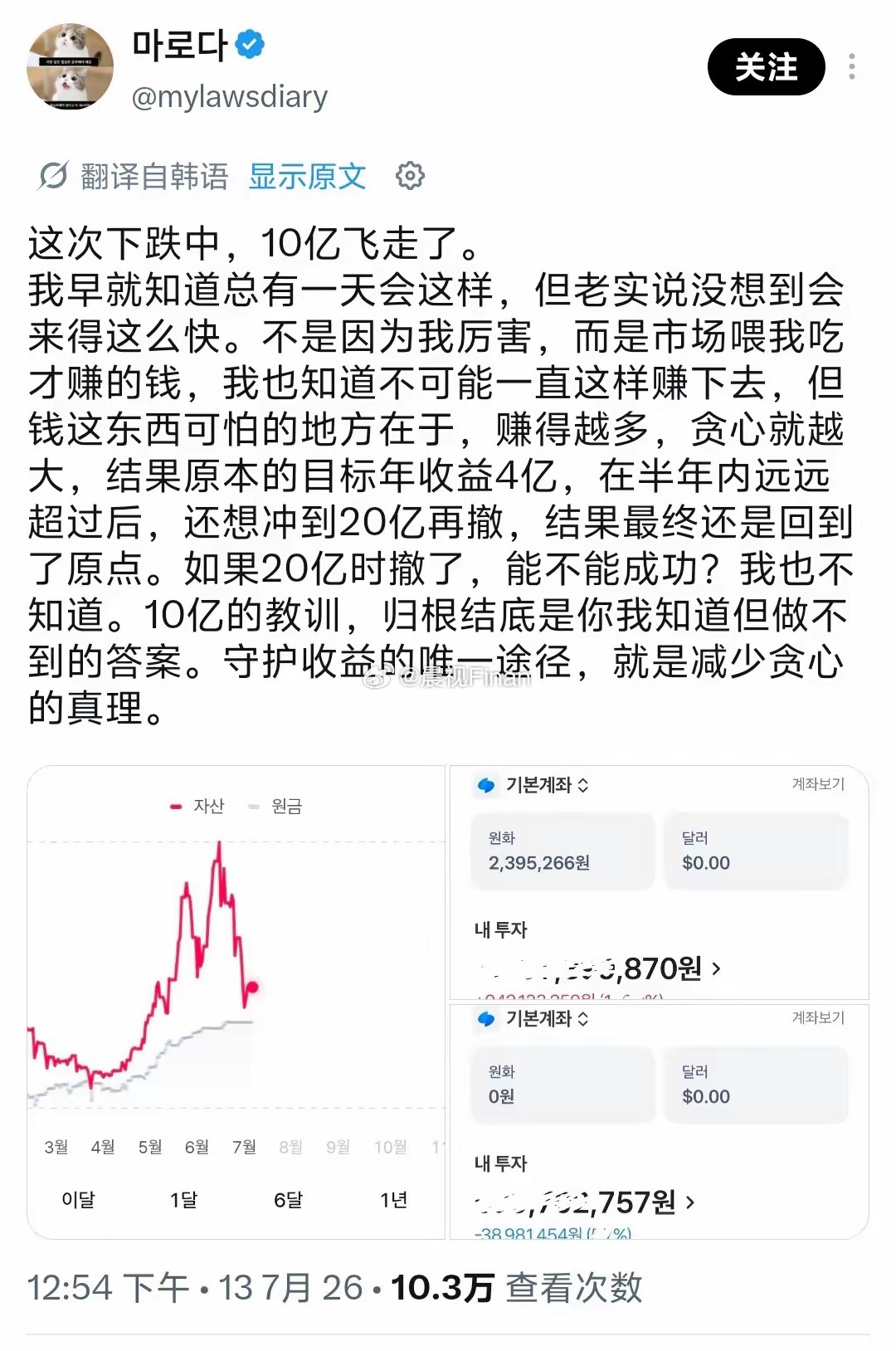 有韩国网友一天亏了10亿，反思自己太贪心了，很多韩国人梭哈全部身家，大部分散户都