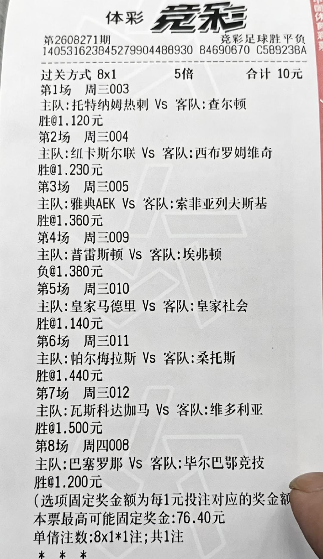 这张过8关的彩票，如果能中，也是神奇，现在就差今晚巴萨的比赛了。
全部8场比赛，